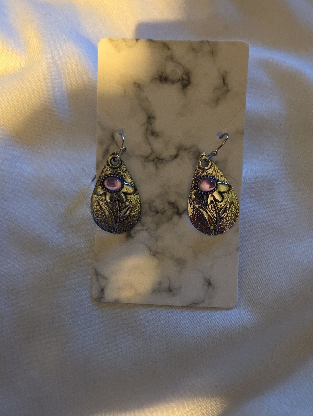 Vintage-Inspired Purple Stone Teardrop Floral Earrings